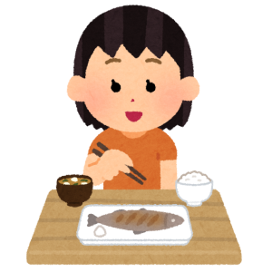 ジャパネットファン 焼き魚を食べる女の子のイラスト