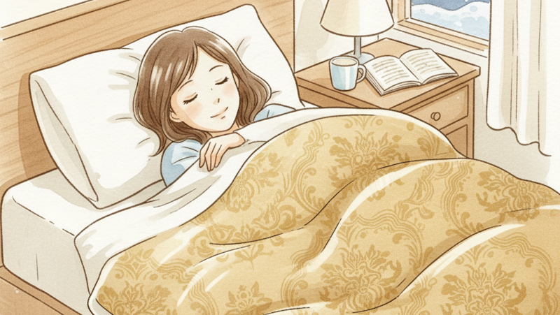 「昭和西川 カナダ産高品質羽毛布団 JCA25901」で快適に眠っている女性