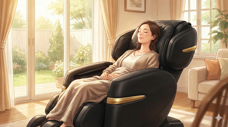 フジ医療器 本革高級マッサージチェア EJ24 JT-FJ180に座ってリラックスする女性