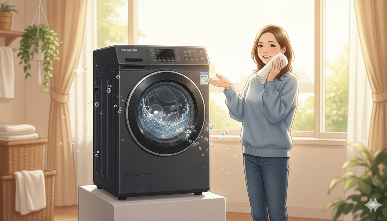 東芝 ドラム式洗濯乾燥機 ZABOON TW-84GS4Lを紹介する女性