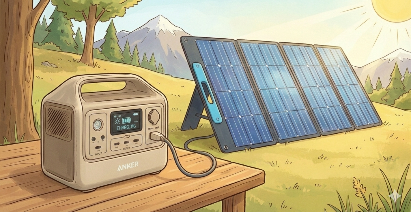 アウトドアでソーラーパネルを使って充電中の「ANKER ポータブル電源 A1761521-72」
