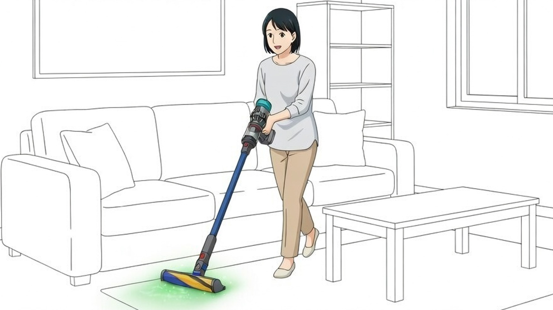 ダイソン コードレスクリーナー Micro Plus HEPA 〈SV33 HEPA LED〉でリビングを掃除する女性