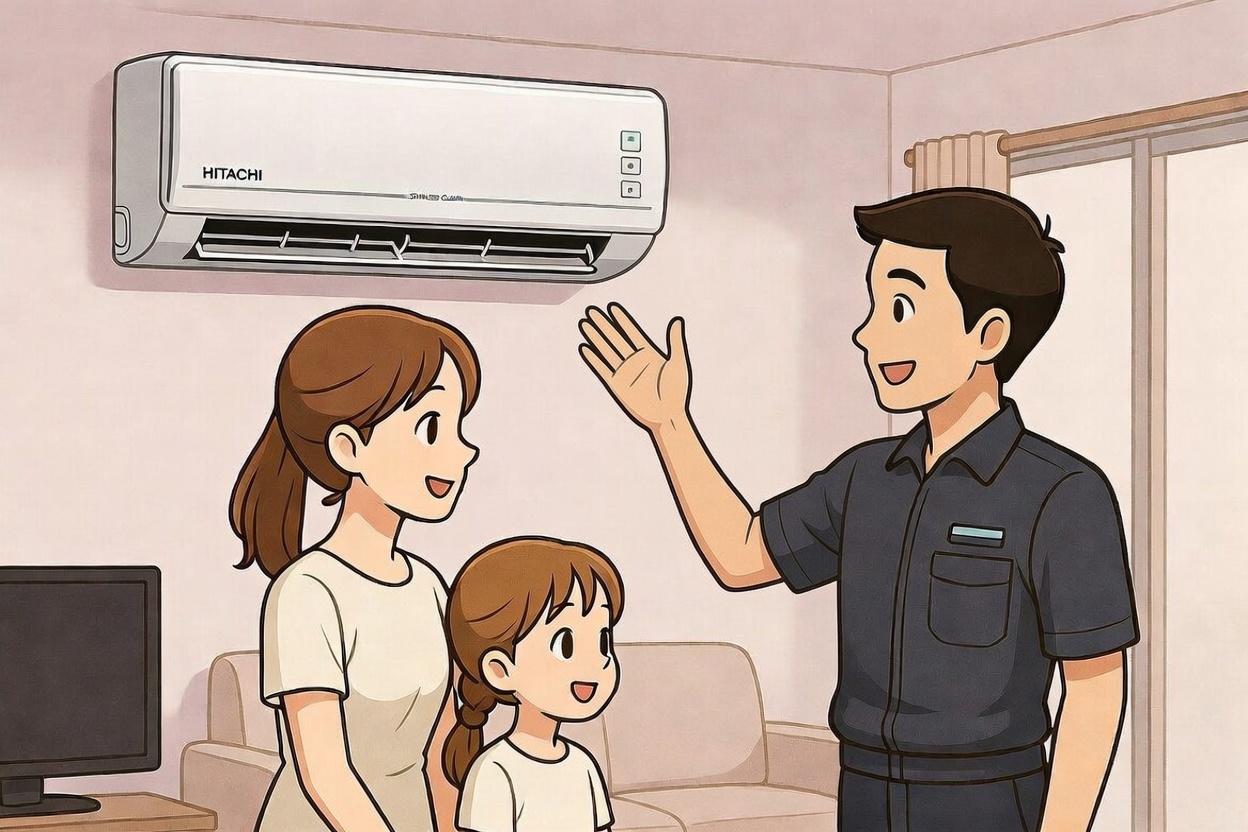 エアコン設置工事担当者から説明を受ける母娘