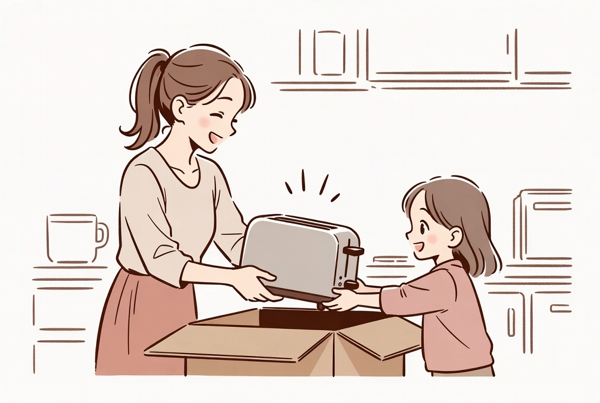 古いトースターを箱に入れようとしているママと娘