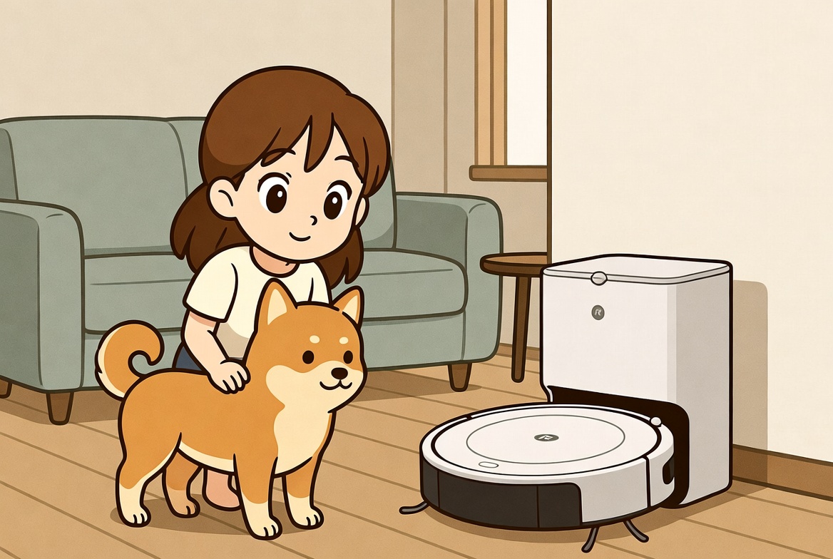 ロボット掃除機「iRobot社 ルンバ115 コンボ Y454260」を見つめる女の子と柴犬